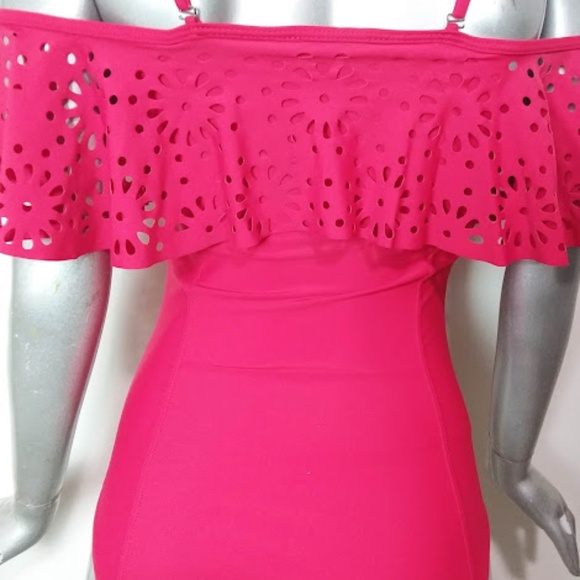 SALE!!Small Solid Red Off-the-shoulder Ruffles One-piece Swimsuit Sexy High Rise - Picture 5 of 6